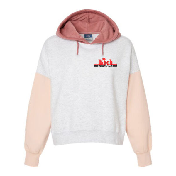 **CLOSEOUT ITEM** Women's Sueded Fleece Colorblocked Crop Hooded Sweatshirt - Embroidered Logo Thumbnail